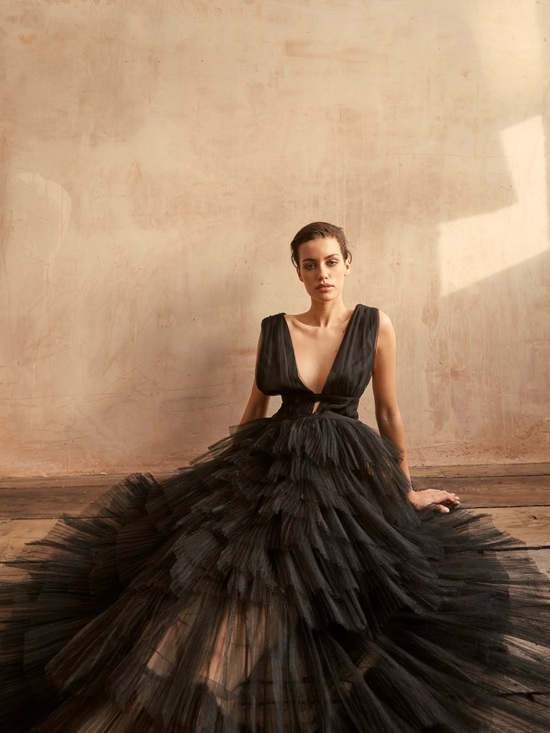True Decadence Dresses & Skirts - Women's Black Tiered Tulle Maxi Dress with Deep V-Neck